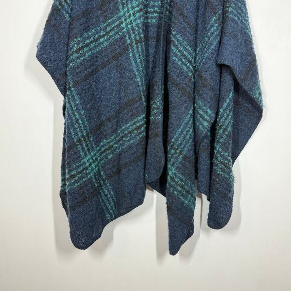 Woolrich Poncho Shawl Wrap One Size Navy Blue Green Tartan Plaid Open Front - Picture 4 of 8